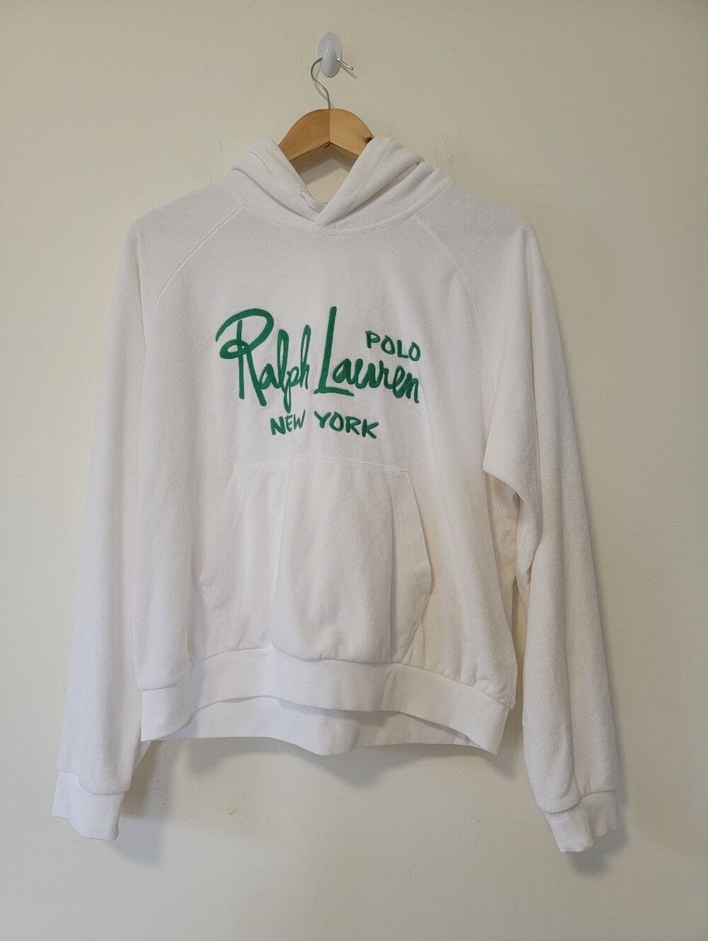 Ralph Lauren White Hoodie Sweatshirt with Green Script Logo
